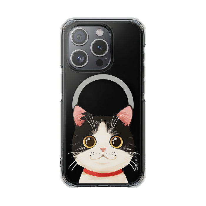 Clear Magnetic Tuxedo Cat Phone Case for iPhone Models: black, clear cartoon cat, kawaii cartoon style
