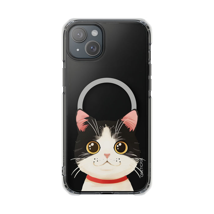Clear Magnetic Tuxedo Cat Phone Case for iPhone Models: black, clear cartoon cat, kawaii cartoon style