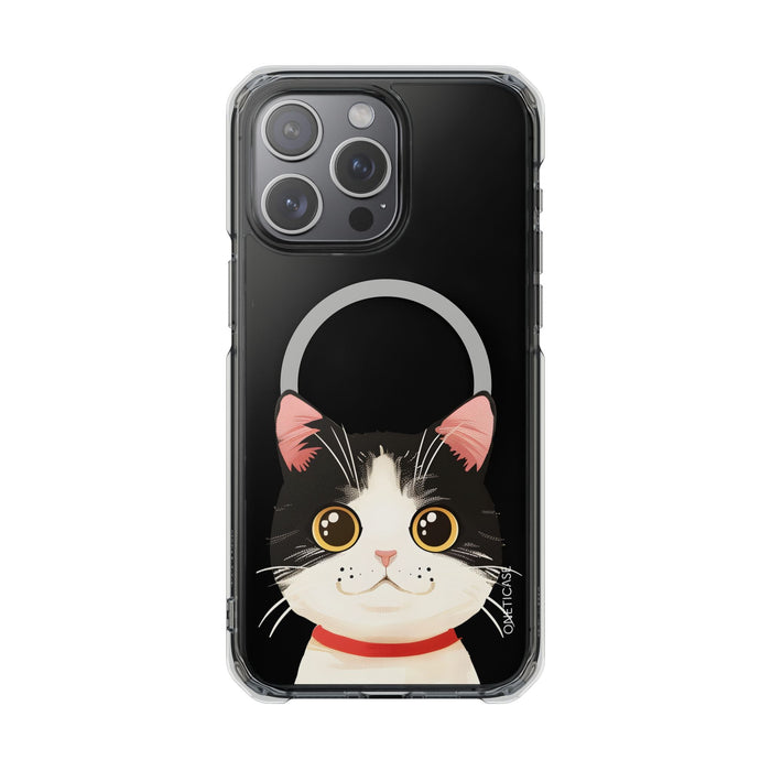 Clear Magnetic Tuxedo Cat Phone Case for iPhone Models: black, clear cartoon cat, kawaii cartoon style