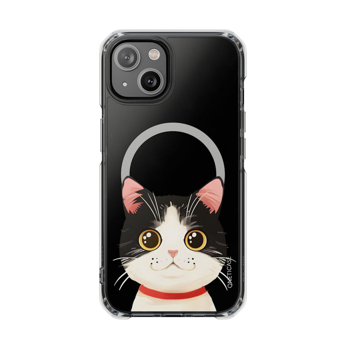 Clear Magnetic Tuxedo Cat Phone Case for iPhone Models: black, clear cartoon cat, kawaii cartoon style