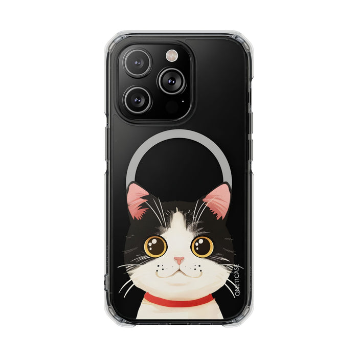 Clear Magnetic Tuxedo Cat Phone Case for iPhone Models: black, clear cartoon cat, kawaii cartoon style