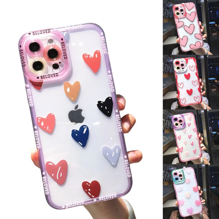 Clear & Stylish iPhone Case with Heart Design: transparent, lavender heart theme, cute cartoon style