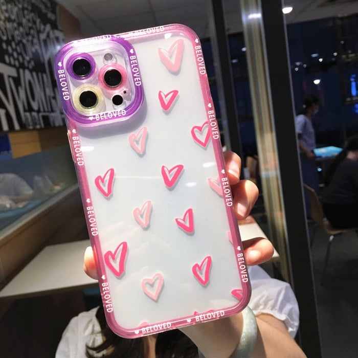Clear & Stylish iPhone Case with Heart Design: transparent, lavender heart theme, cute cartoon style
