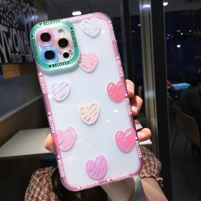 Clear & Stylish iPhone Case with Heart Design: transparent, lavender heart theme, cute cartoon style