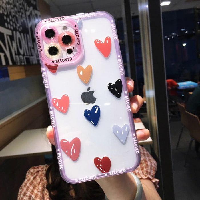 Clear & Stylish iPhone Case with Heart Design: transparent, lavender heart theme, cute cartoon style