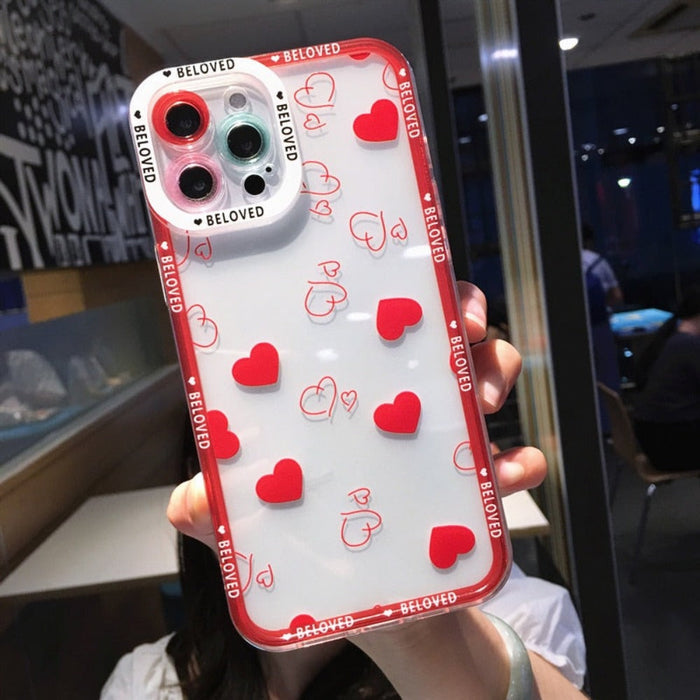Clear & Stylish iPhone Case with Heart Design: transparent, lavender heart theme, cute cartoon style