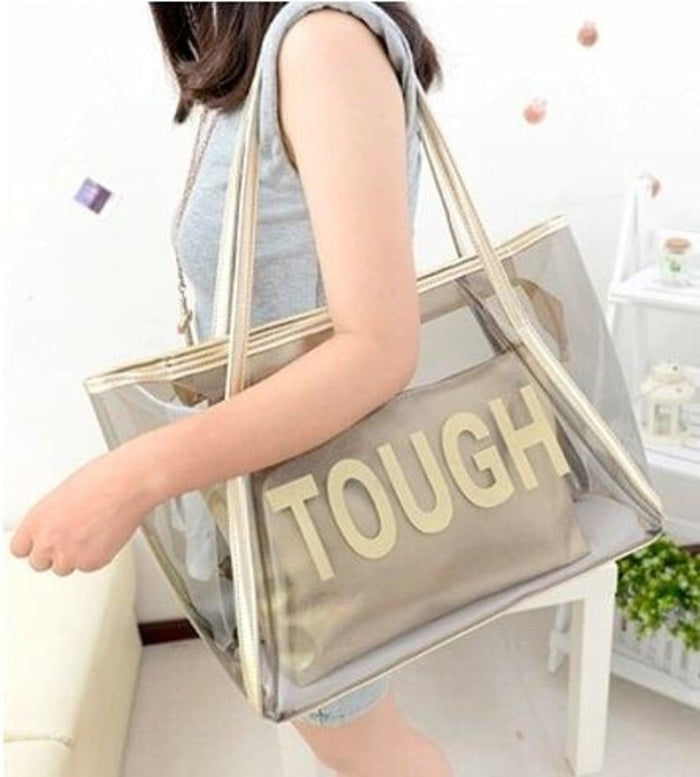 Clear Transparent Tote Bag with Removable Inner Pouch: clear, beige transparent tote bag, minimal style