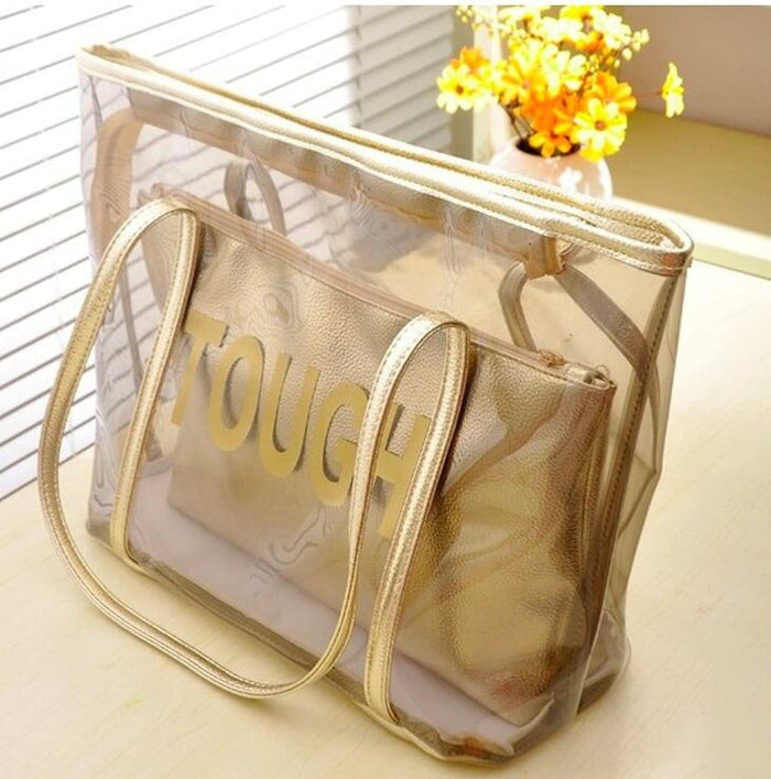 Clear Transparent Tote Bag with Removable Inner Pouch: clear, beige transparent tote bag, minimal style