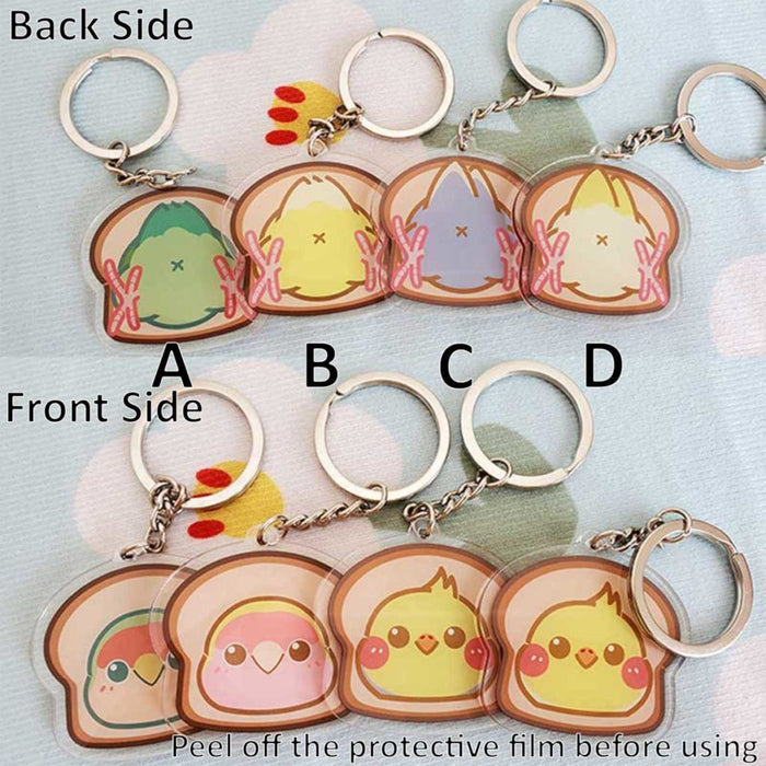 Cockatiel Key Rings with Cute Design: yellow, pink cartoon bird/chick characters, kawaii cartoon style