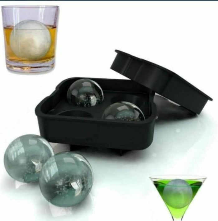 Cocktail Ice Ball Maker Mold Tray: black, clear/white ice ice sphere mold tray, minimal product demonstration style