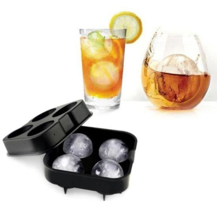 Cocktail Ice Ball Maker Mold Tray: black, clear/white ice ice sphere mold tray, minimal product demonstration style