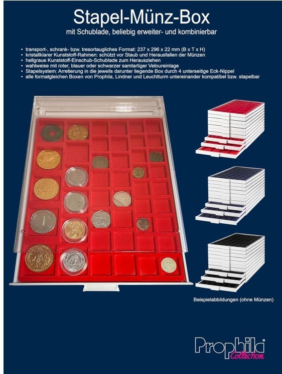 Coin Collectors Box Gray 20 Angular Compartments for Coins up to 47mm Red -189