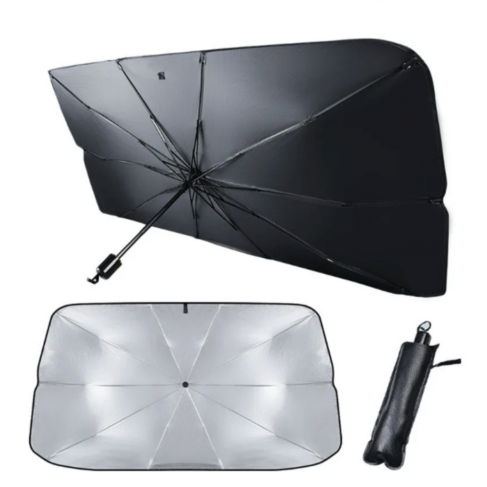 Collapsible Automobile Sun Shade Canopy: black, silver umbrella, minimal functional style