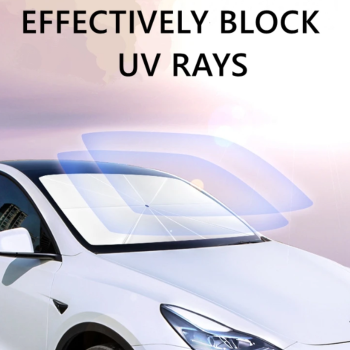 Collapsible Automobile Sun Shade Canopy: black, silver umbrella, minimal functional style