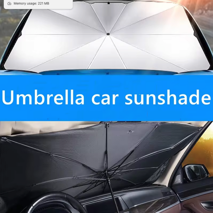 Collapsible Automobile Sun Shade Canopy: black, silver umbrella, minimal functional style