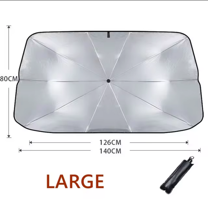 Collapsible Automobile Sun Shade Canopy: black, silver umbrella, minimal functional style
