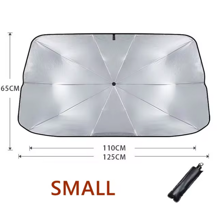 Collapsible Automobile Sun Shade Canopy: black, silver umbrella, minimal functional style