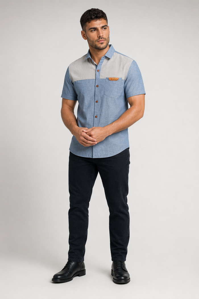 Color Block Men's Denim Shirt Denim Blue