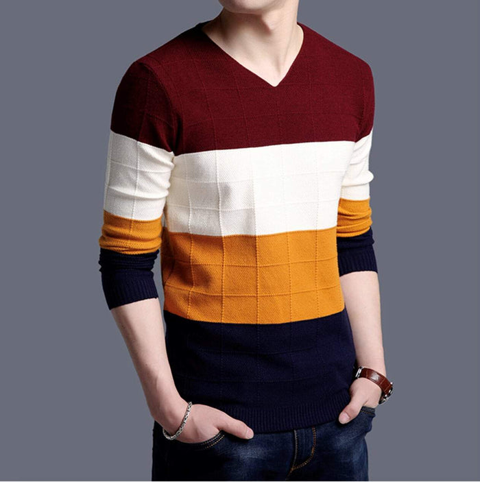 Color Block Sweater for Men with a V-Neck: burgundy, white long-sleeve V-neck sweater, color-block casual style