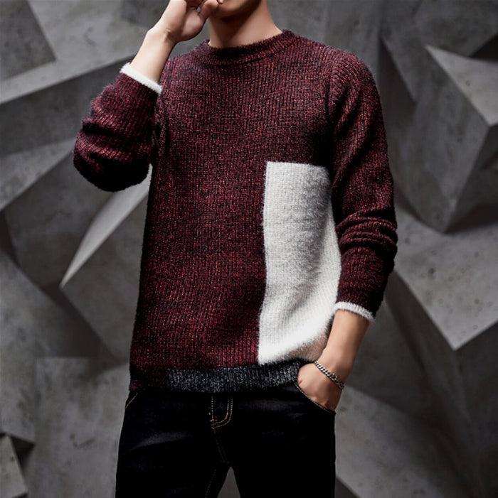 Color-Blocked Round Neck Men's Sweater: dark charcoal gray, light gray knit sweater, minimal color-block style