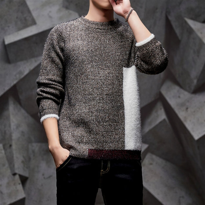 Color-Blocked Round Neck Men's Sweater: dark charcoal gray, light gray knit sweater, minimal color-block style