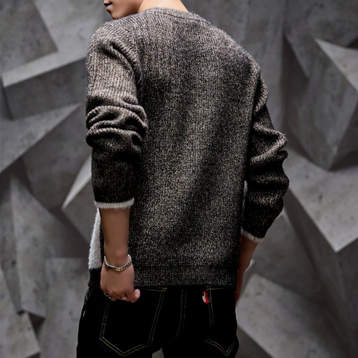 Color-Blocked Round Neck Men's Sweater: dark charcoal gray, light gray knit sweater, minimal color-block style