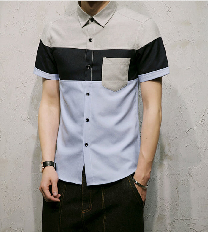 Color-Blocked Shirt for Men: light gray, black short-sleeve button-up shirt, color-blocked casual style