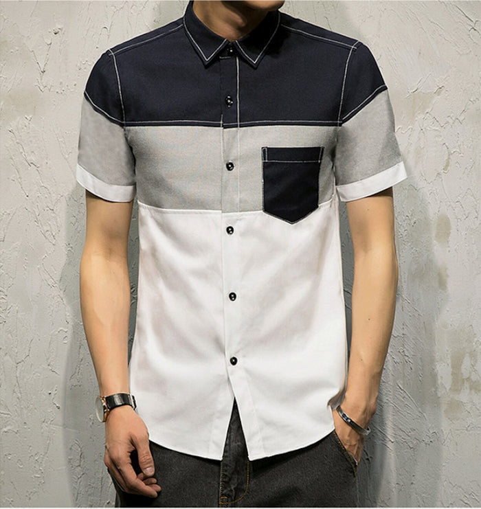 Color-Blocked Shirt for Men: light gray, black short-sleeve button-up shirt, color-blocked casual style