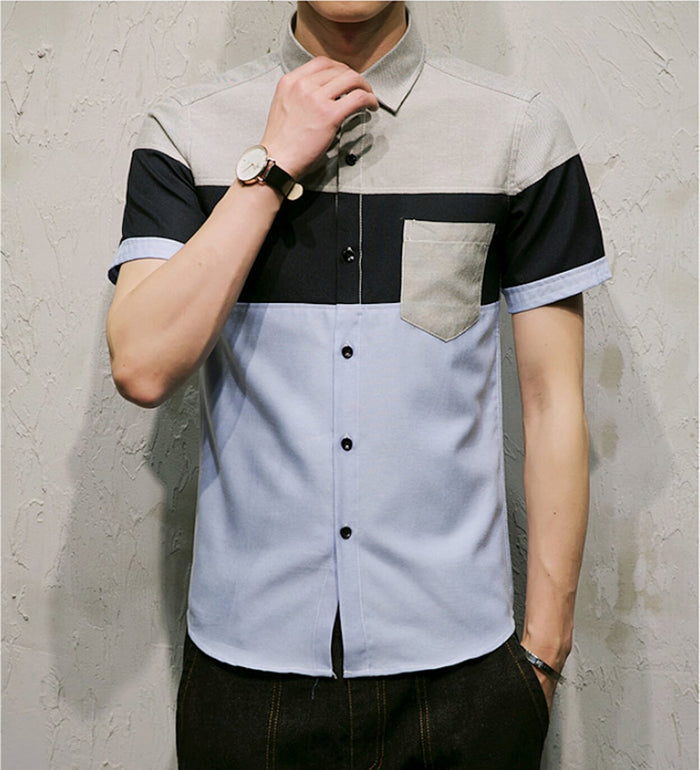 Color-Blocked Shirt for Men: light gray, black short-sleeve button-up shirt, color-blocked casual style