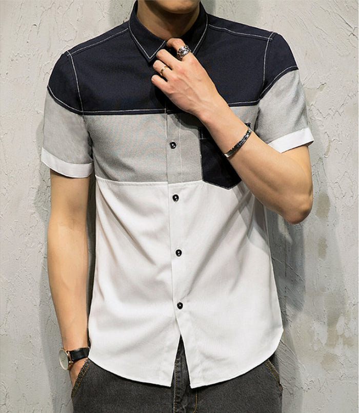 Color-Blocked Shirt for Men: light gray, black short-sleeve button-up shirt, color-blocked casual style