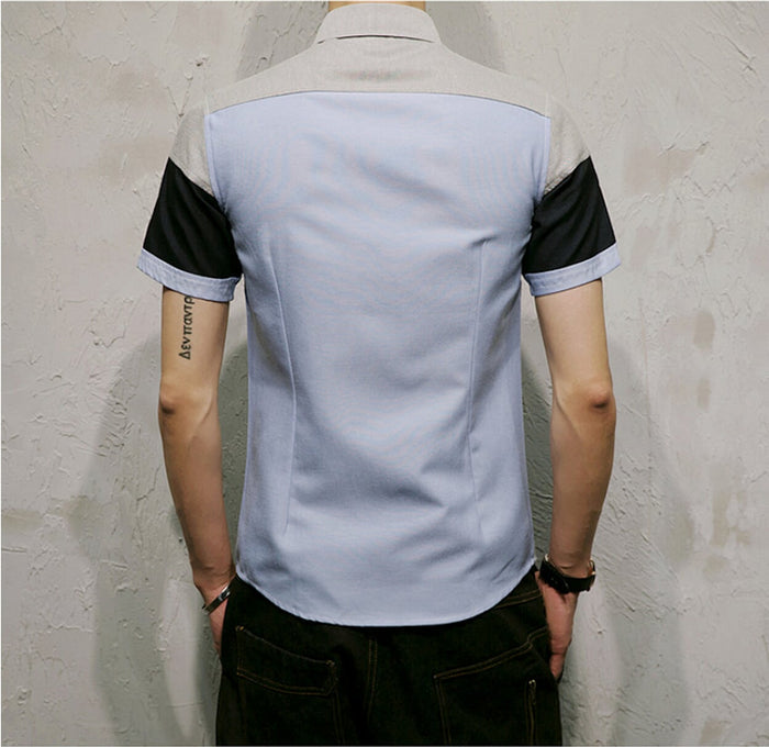 Color-Blocked Shirt for Men: light gray, black short-sleeve button-up shirt, color-blocked casual style