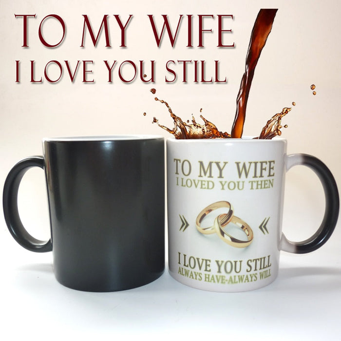 Color Changing Heat Sensitive Ceramic Mug, A Unique Wedding Anniversary Gift Idea: black, white wife/love theme, romantic gif