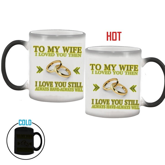 Color Changing Heat Sensitive Ceramic Mug, A Unique Wedding Anniversary Gift Idea: black, white wife/love theme, romantic gif
