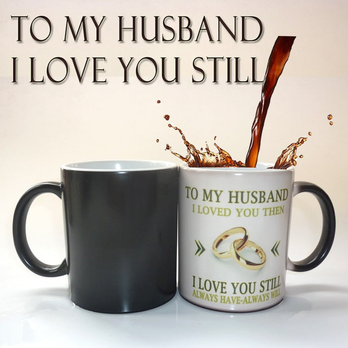 Color Changing Heat Sensitive Ceramic Mug, A Unique Wedding Anniversary Gift Idea: black, white wife/love theme, romantic gif