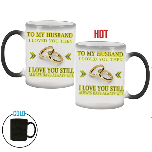 Color Changing Heat Sensitive Ceramic Mug, A Unique Wedding Anniversary Gift Idea: black, white wife/love theme, romantic gif