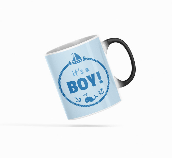 Color Changing Heat Sensitive Mug for a Baby Boy Shower: light blue, white baby boy nautical theme, cartoon nautical style