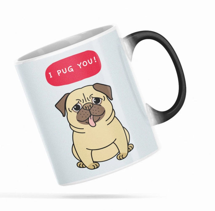 Color Changing Puppy Mug: Heat-Sensitive Design to Show Your Love: white, black pug dog, cute cartoon/kawaii style