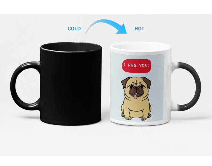 Color Changing Puppy Mug: Heat-Sensitive Design to Show Your Love: white, black pug dog, cute cartoon/kawaii style
