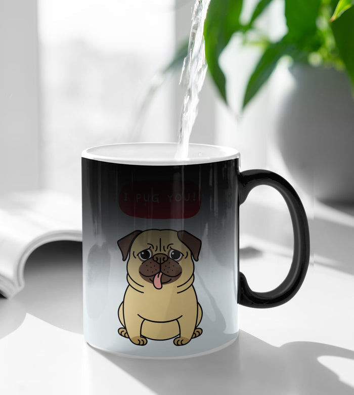Color Changing Puppy Mug: Heat-Sensitive Design to Show Your Love: white, black pug dog, cute cartoon/kawaii style
