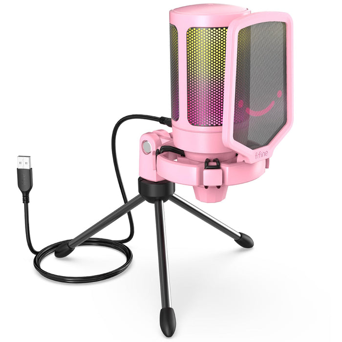 Color-changing USB gaming microphone: pink, black smiling face character/theme, cute cartoon/kawaii style