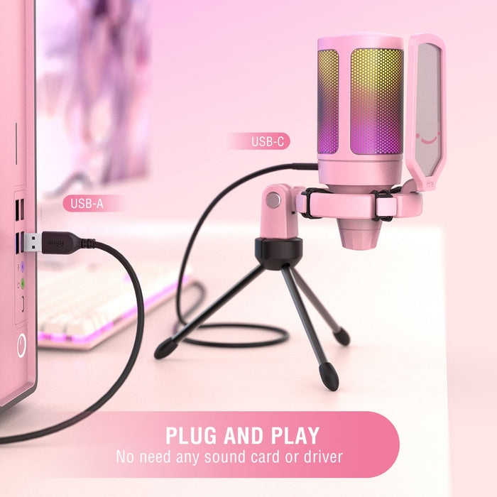 Color-changing USB gaming microphone: pink, black smiling face character/theme, cute cartoon/kawaii style