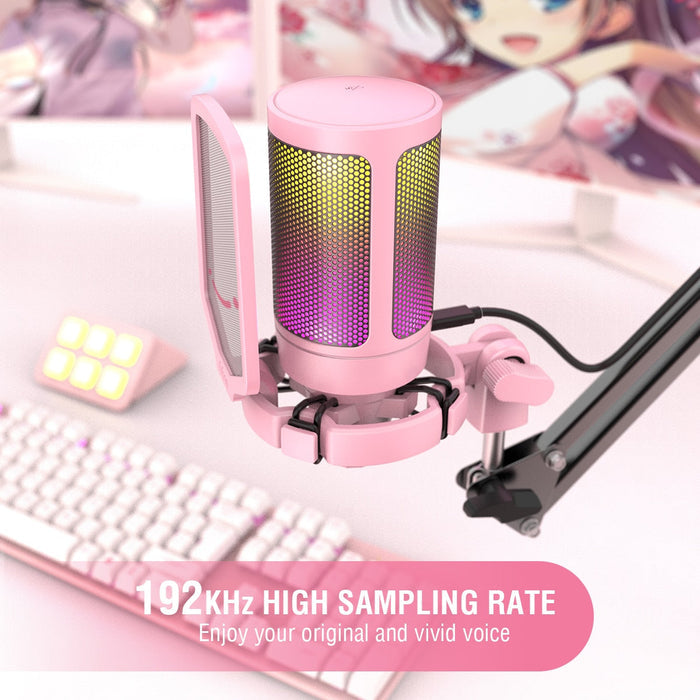 Color-changing USB gaming microphone: pink, black smiling face character/theme, cute cartoon/kawaii style