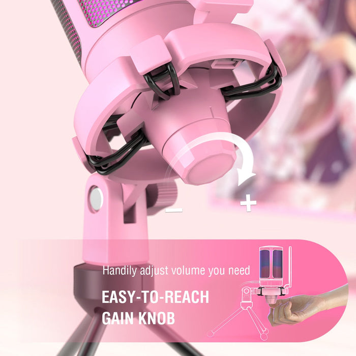 Color-changing USB gaming microphone: pink, black smiling face character/theme, cute cartoon/kawaii style