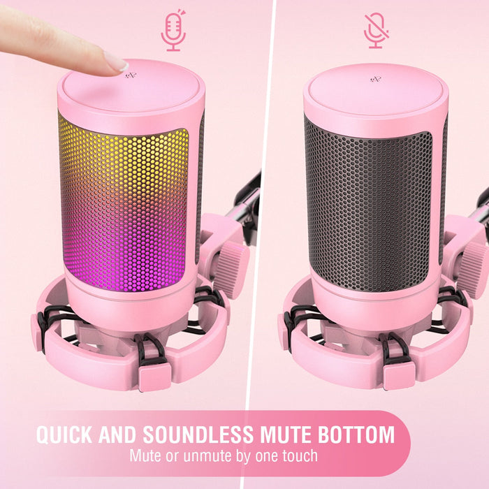 Color-changing USB gaming microphone: pink, black smiling face character/theme, cute cartoon/kawaii style