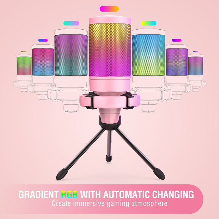 Color-changing USB gaming microphone: pink, black smiling face character/theme, cute cartoon/kawaii style