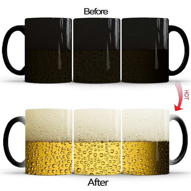 Colorful Beer-Themed Ceramic Mug, A Magical Heat-Sensitive Delight!: golden yellow, off-white beverage glass with beer, produ
