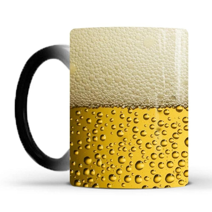 Colorful Beer-Themed Ceramic Mug, A Magical Heat-Sensitive Delight!: golden yellow, off-white beverage glass with beer, produ