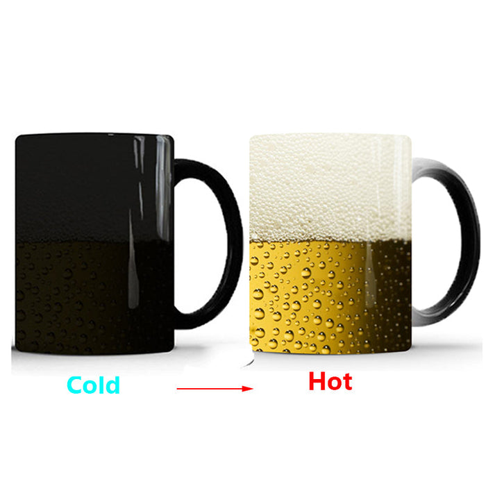 Colorful Beer-Themed Ceramic Mug, A Magical Heat-Sensitive Delight!: golden yellow, off-white beverage glass with beer, produ