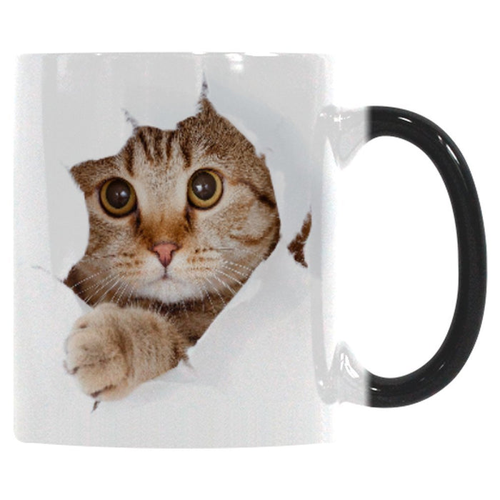 Colorful Ceramic Coffee Mug with Charming Cat Design: white, black cat, photorealistic animal print style