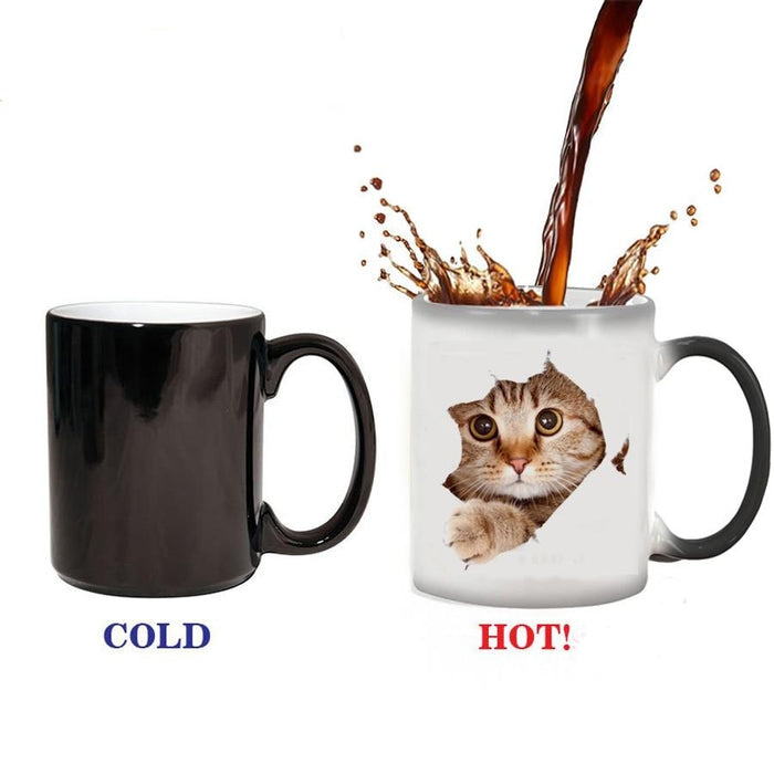 Colorful Ceramic Coffee Mug with Charming Cat Design: white, black cat, photorealistic animal print style